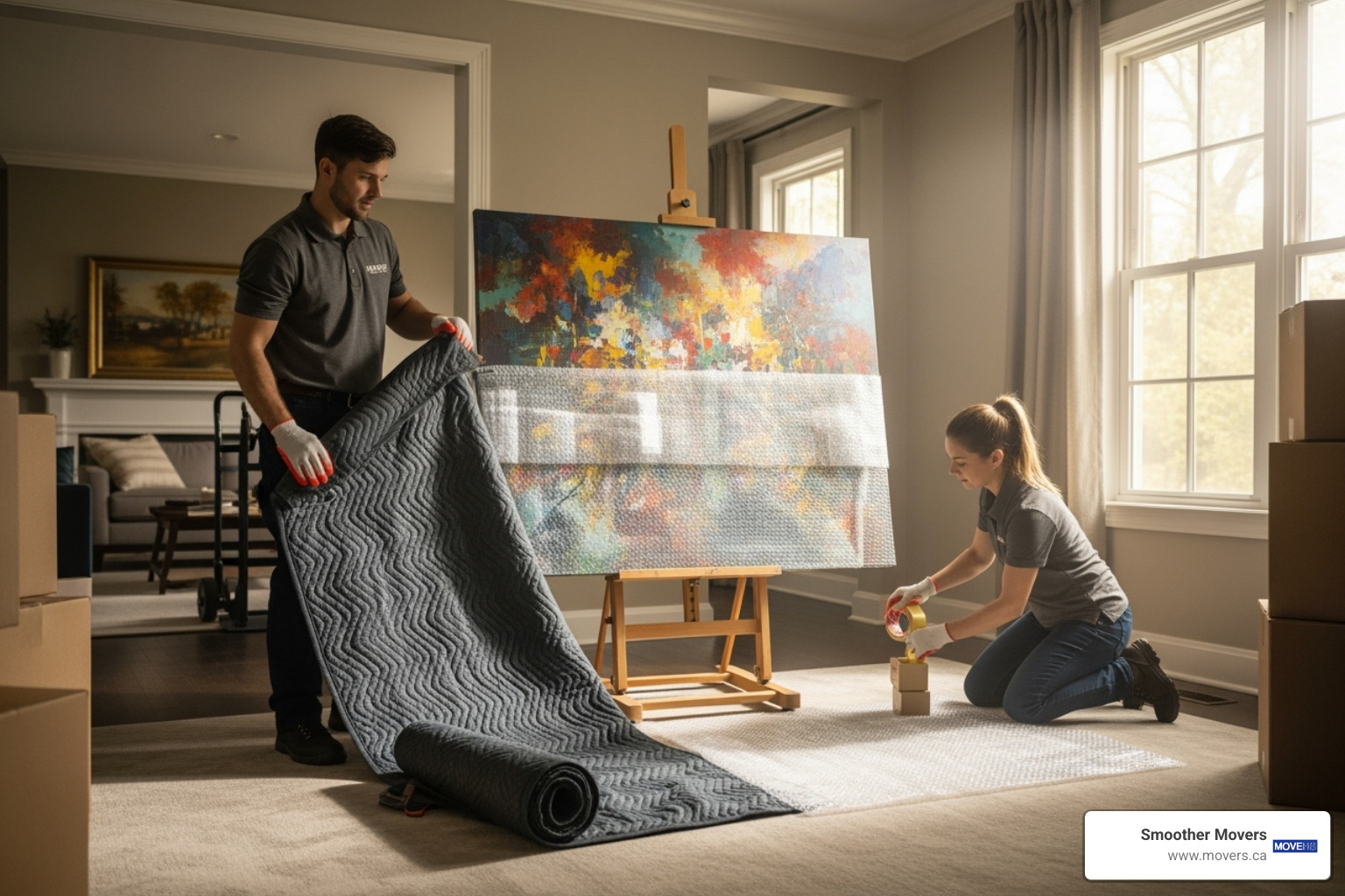 movers carefully wrapping a large piece of art - long distance movers burnaby to victoria