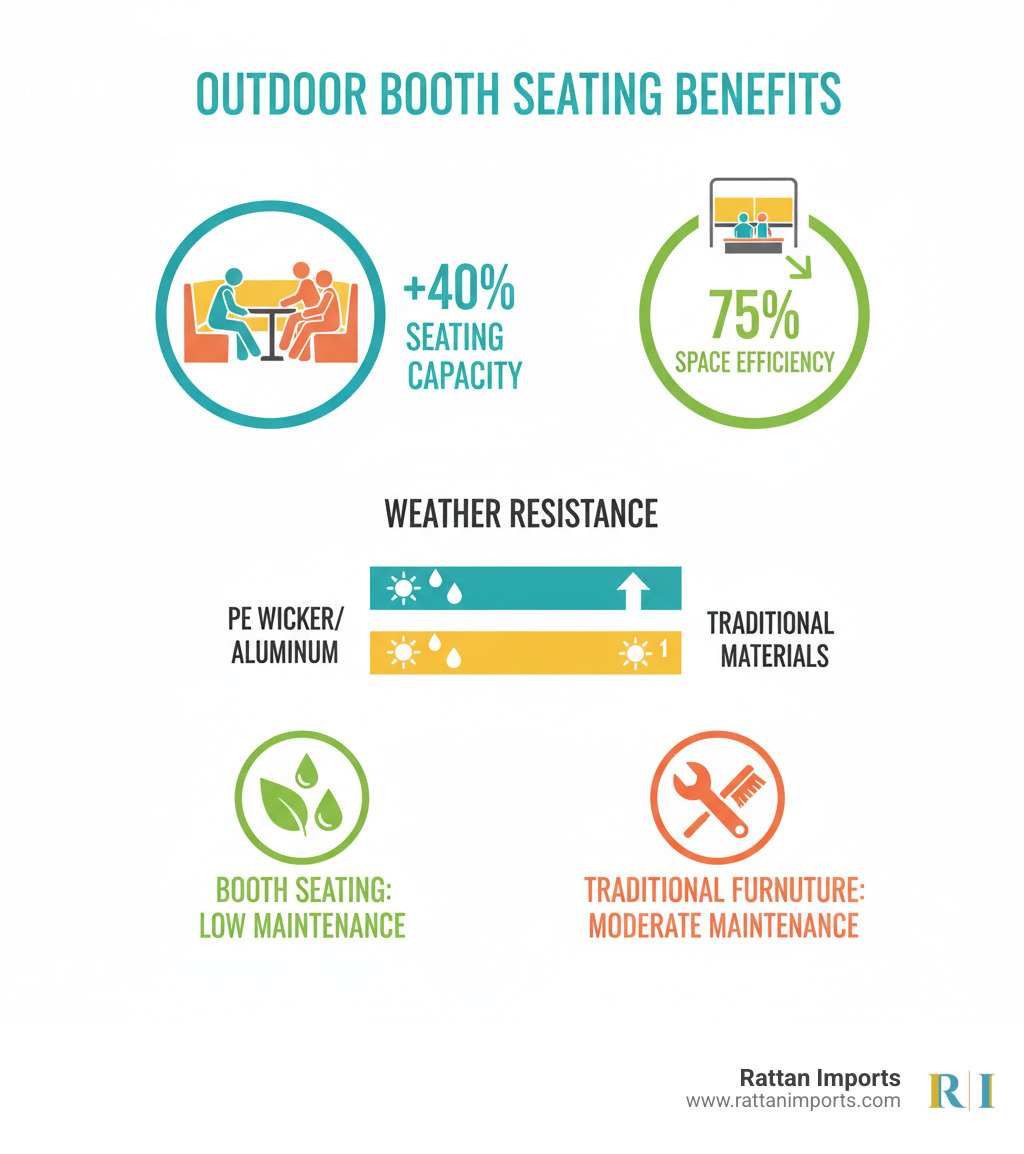 Infographic showing outdoor booth seating benefits including 40% more seating capacity compared to chairs, 75% space efficiency improvement, weather resistance ratings for different materials, and maintenance requirements comparison between booth seating and traditional outdoor furniture - outdoor booth seating infographic 