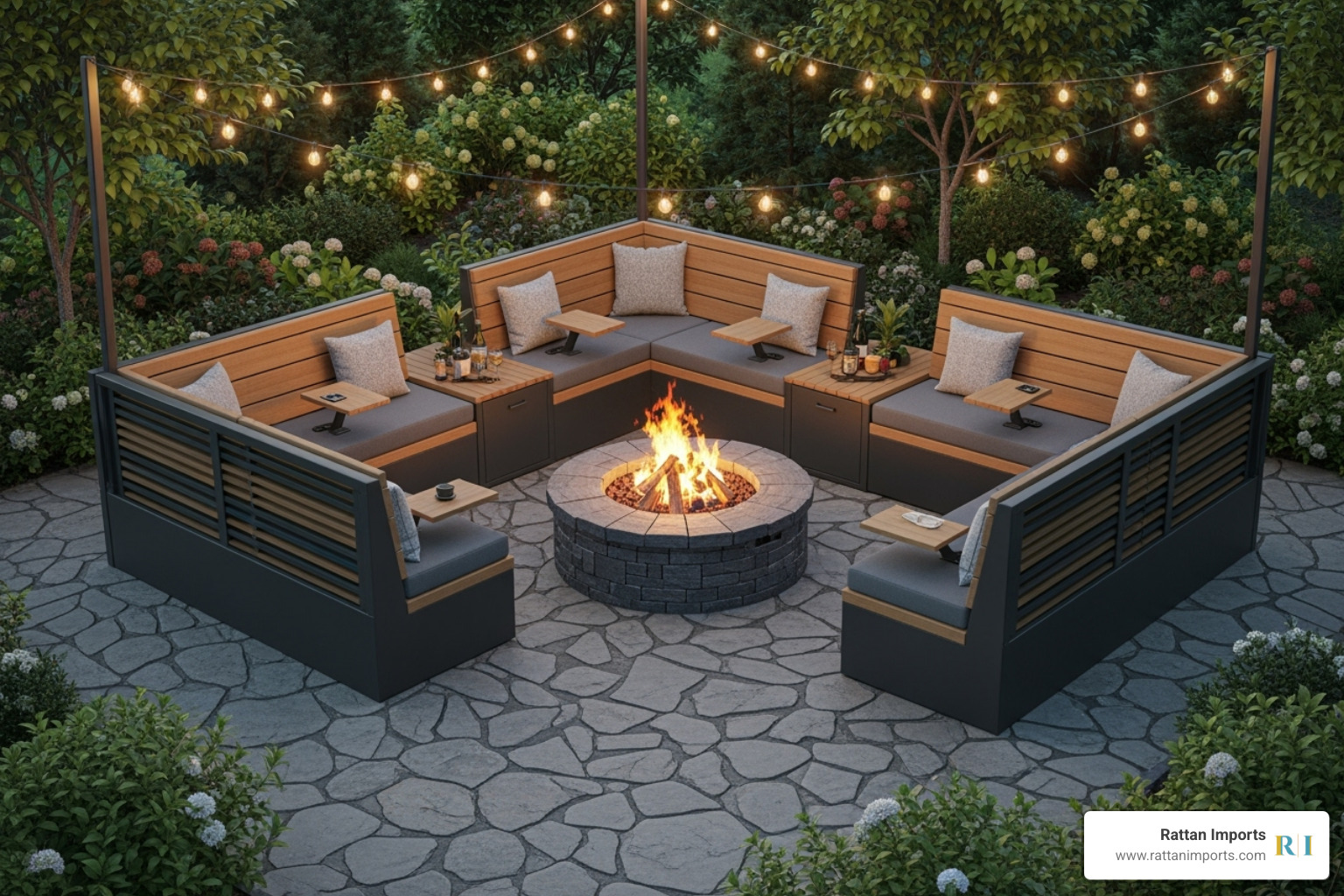 a modular outdoor booth setup in a U-shape around a fire pit - outdoor booth seating