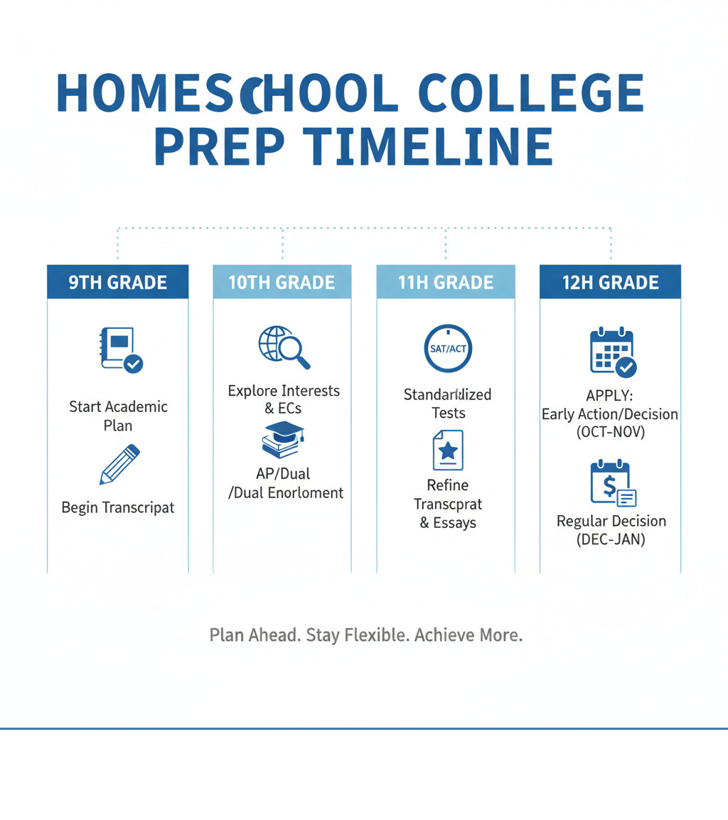 Infographic showing homeschool college preparation timeline from 9th grade through application deadlines, including key milestones like transcript creation, standardized testing, extracurricular development, and application submission dates - homeschool college preparation infographic 