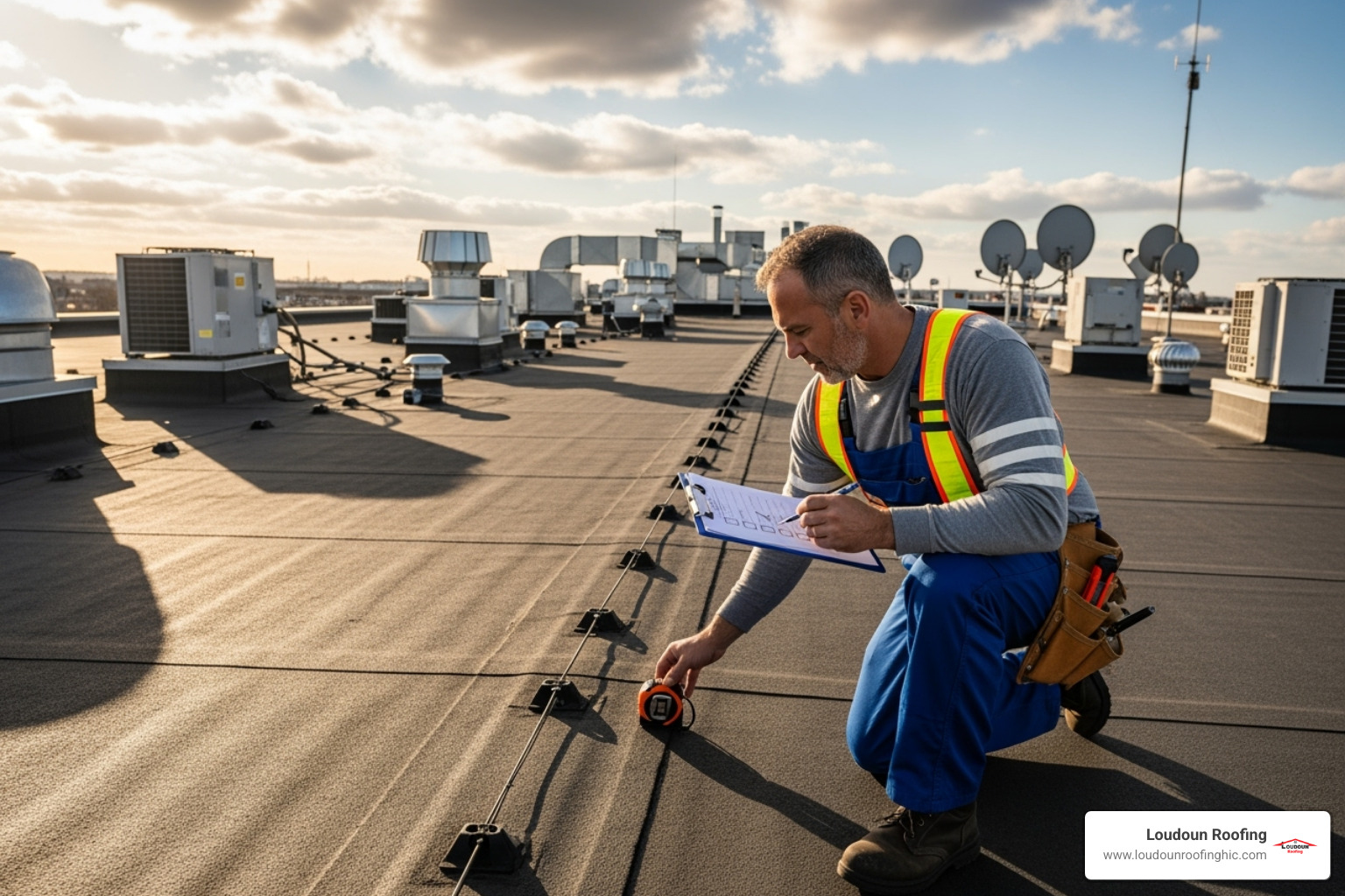 professional roofer conducting an inspection with a checklist - commercial roofing contractor winchester va