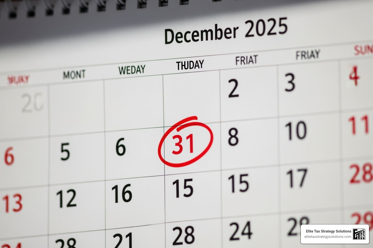 A calendar with "December 31, 2025" circled and labeled "TCJA Sunsets" - tax law changes impact A calendar with "December 31, 2025" circled and labeled "TCJA Sunsets" - tax law changes impact