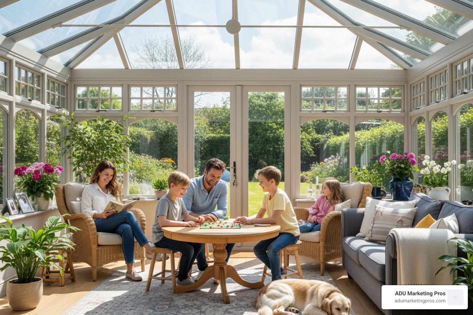 Family enjoying a bright sunroom addition - room addition & adu contractor san jose Family enjoying a bright sunroom addition - room addition & adu contractor san jose