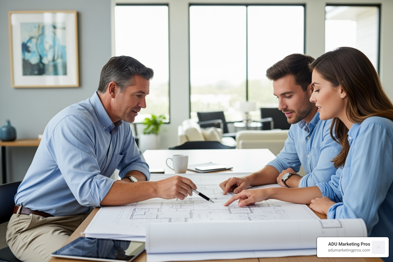 Contractor and homeowners reviewing blueprints - room addition & adu contractor san jose Contractor and homeowners reviewing blueprints - room addition & adu contractor san jose