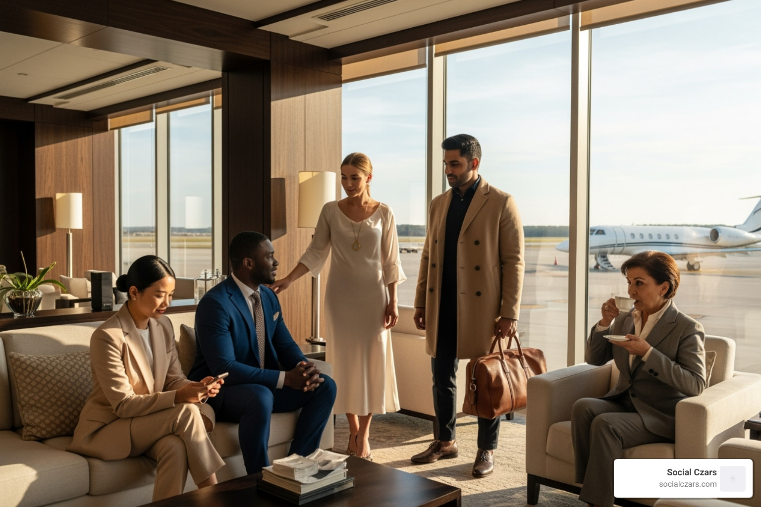 diverse group of sophisticated travelers - private jet advertising