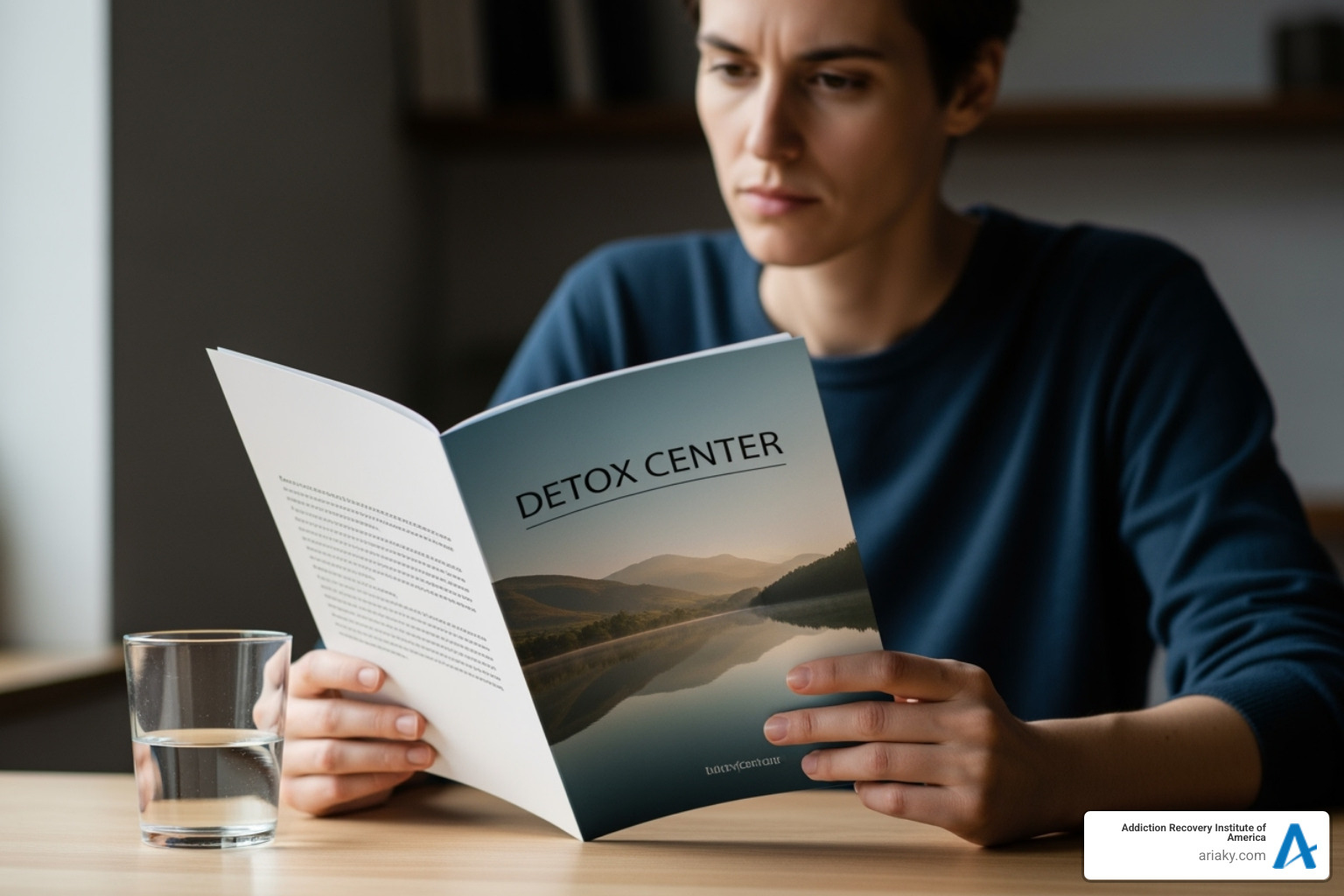 A person thoughtfully looks at a brochure for a detox center - detox centers louisville ky