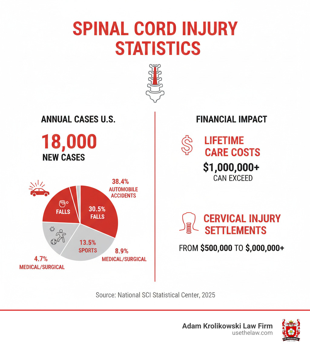 Infographic showing spinal cord injury statistics: 18,000 new cases annually in the US, with automobile accidents causing 38.4%, falls 30.5%, violence 13.5%, sports 8.9%, and medical/surgical causes 4.7%. Lifetime care costs can exceed $1 million, with cervical spine injury settlements ranging from $500,000 to over $5 million - Spinal cord injury claim infographic 