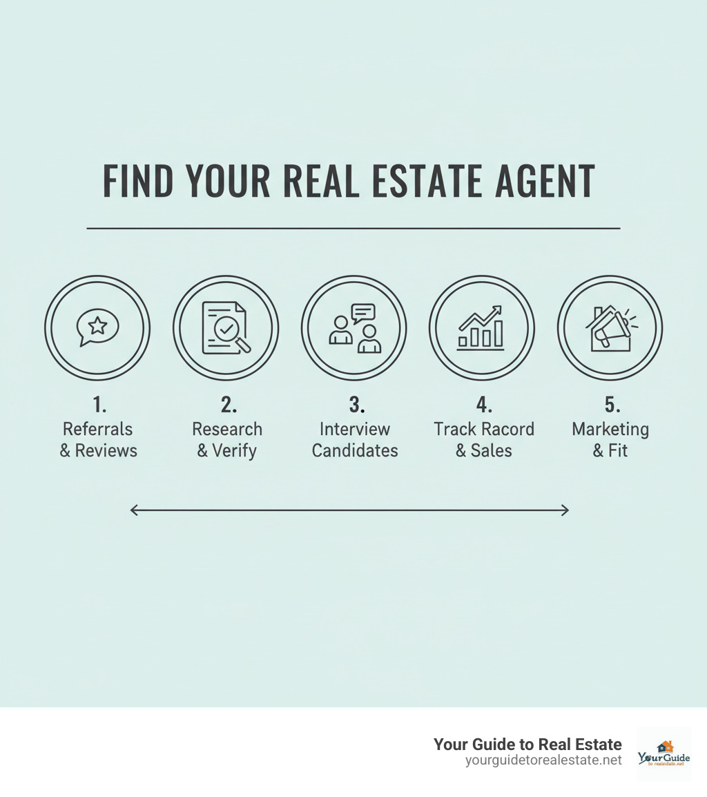 Infographic showing the 5-step process to find the best real estate agent: 1) Gather referrals from trusted sources and check online reviews, 2) Research agents using online directories and verify their licenses, 3) Interview at least 3 candidates comparing their experience and communication styles, 4) Evaluate their track record including annual sales volume and days on market averages, 5) Assess their marketing strategy and ensure personality fit before making final selection - find best real estate agent infographic 
