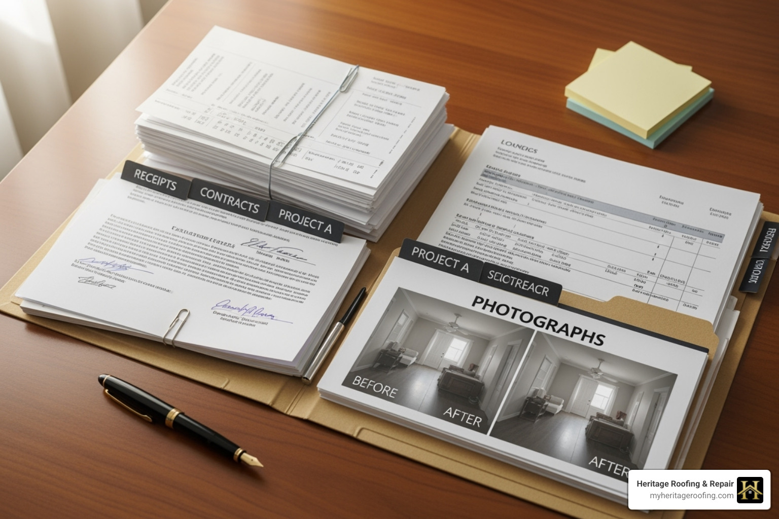 A folder filled with organized receipts, contracts, and before-and-after photos, all clearly labeled "Roof Replacement 2024" - which irs schedule e category is a residential roof replacement