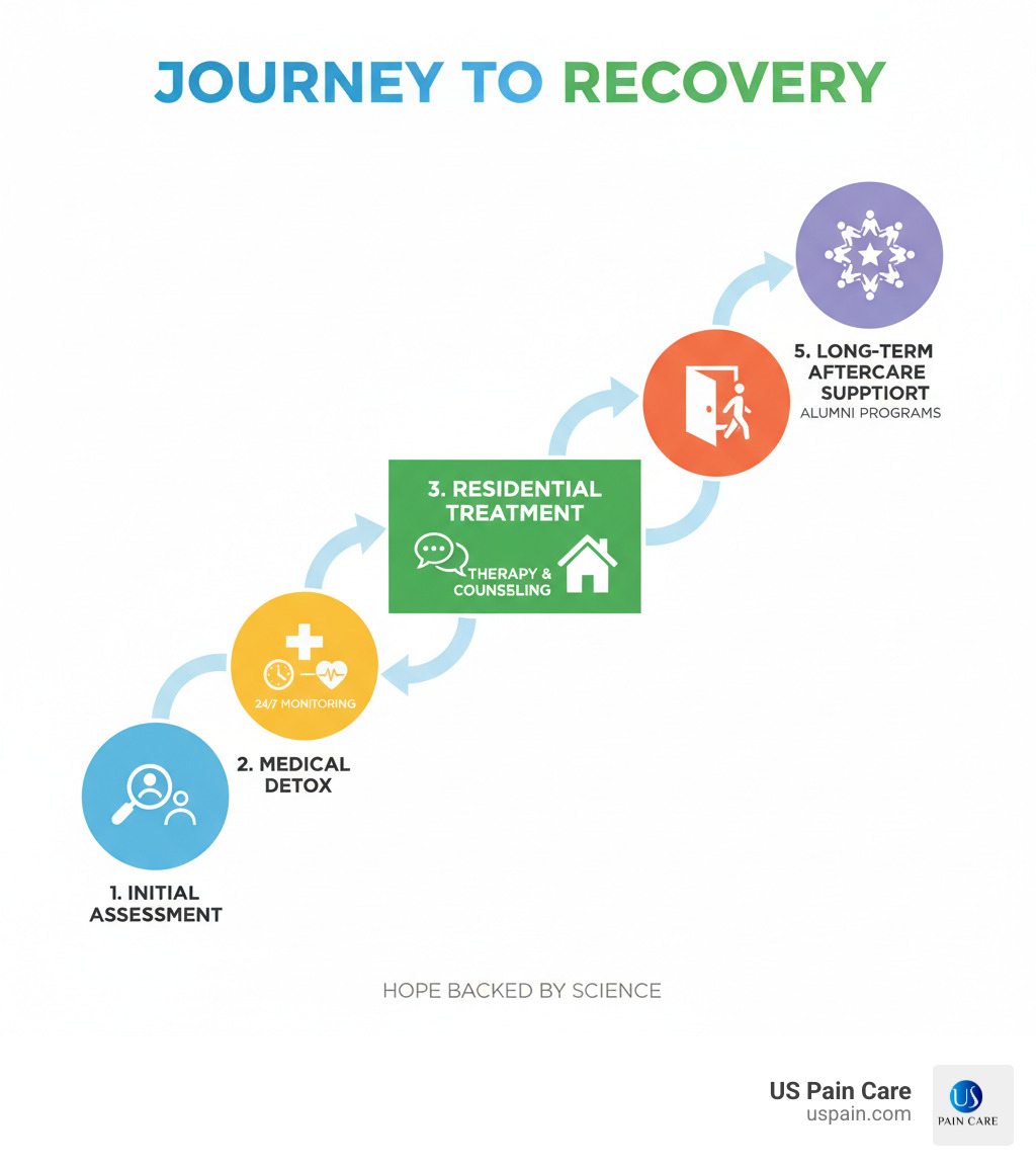 Comprehensive infographic showing the journey from addiction to recovery, including initial assessment, medical detox with 24/7 monitoring, residential treatment with therapy and counseling, outpatient care transition, and long-term aftercare support with alumni programs - addiction recovery center infographic Comprehensive infographic showing the journey from addiction to recovery, including initial assessment, medical detox with 24/7 monitoring, residential treatment with therapy and counseling, outpatient care transition, and long-term aftercare support with alumni programs - addiction recovery center infographic