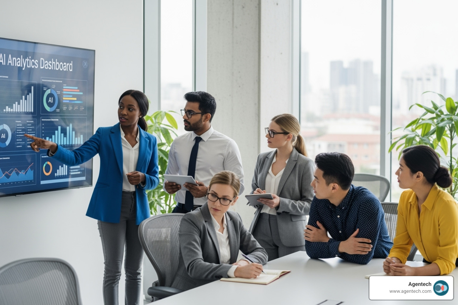 team of P&C insurance professionals collaborating around a screen displaying AI analytics - ai for insurance agents