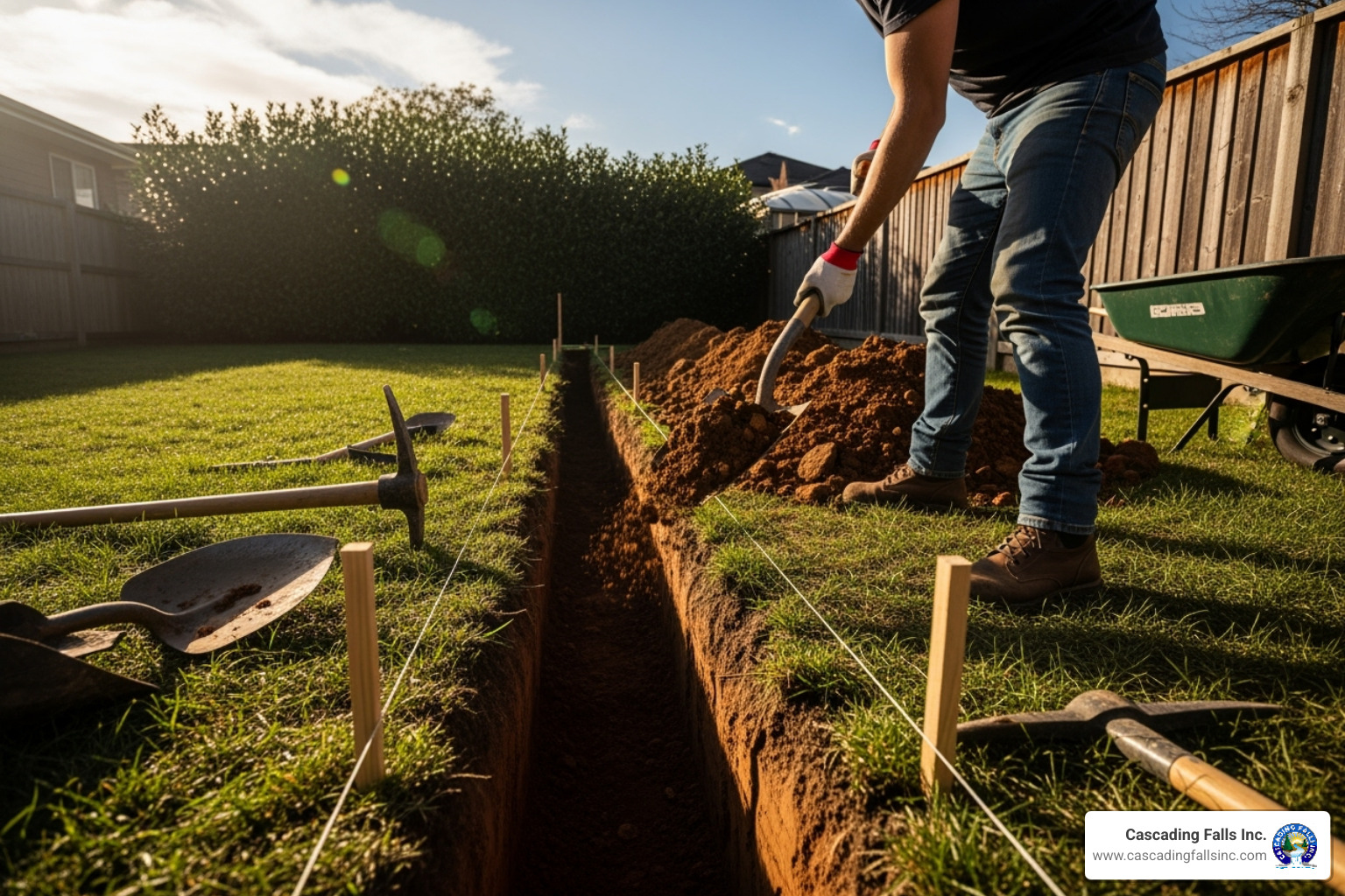 person digging a level trench with a string line - retaining wall installation person digging a level trench with a string line - retaining wall installation