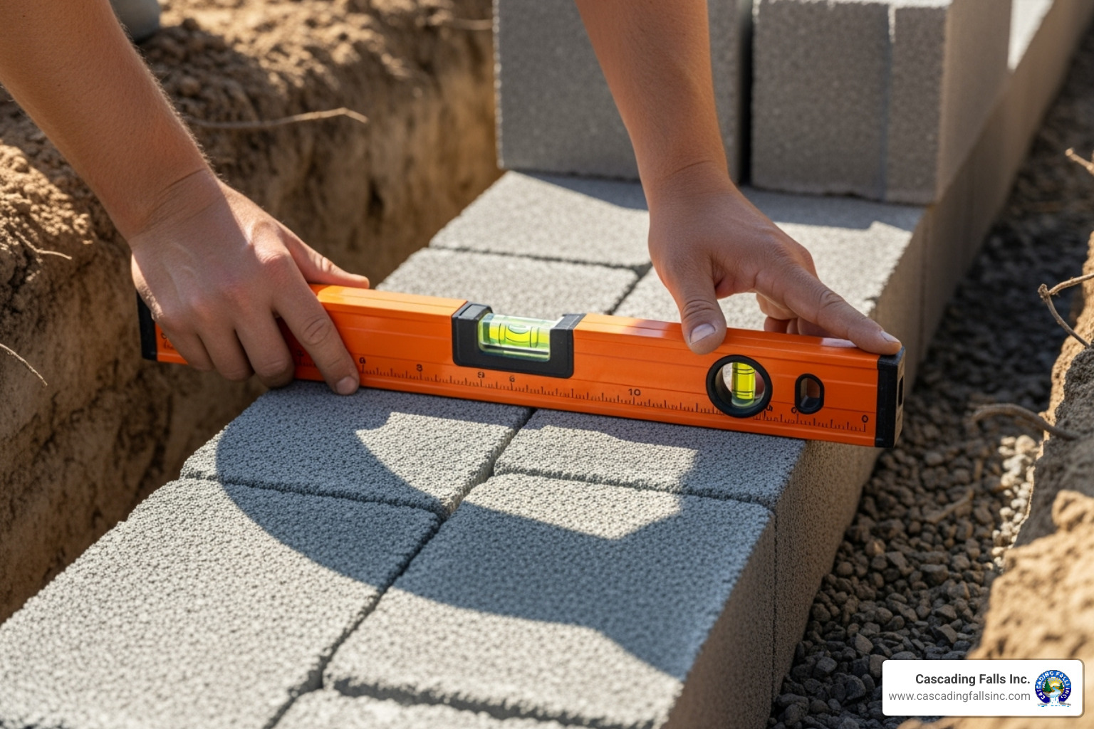 level being used on the first course of blocks - retaining wall installation level being used on the first course of blocks - retaining wall installation