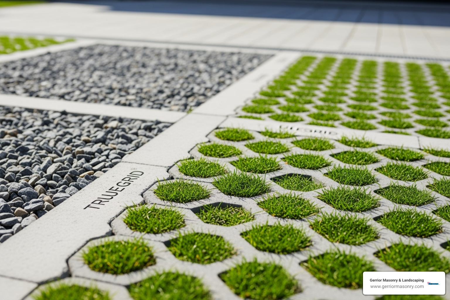 TRUEGRID permeable paver system featuring both gravel-filled and grass-filled sections, showcasing design flexibility and aesthetic appeal. - driveway drainage pavers