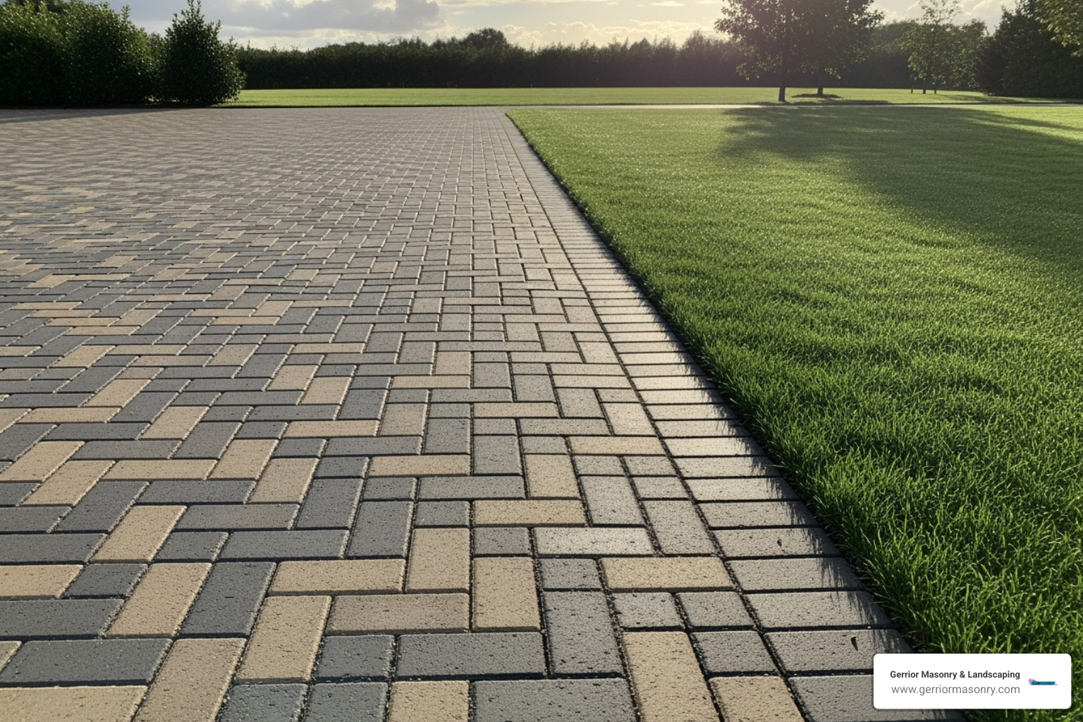 A perfectly dry and clean TRUEGRID permeable paver driveway after a rain shower, next to a vibrant green lawn. - driveway drainage pavers