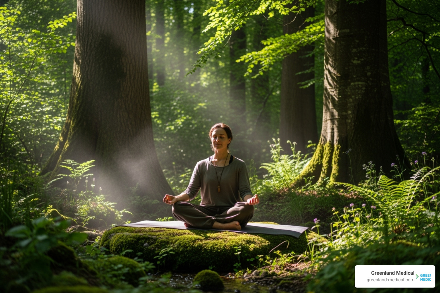 A person practicing mindful meditation outdoors, surrounded by nature, demonstrating stress reduction - herbs for nerve pain