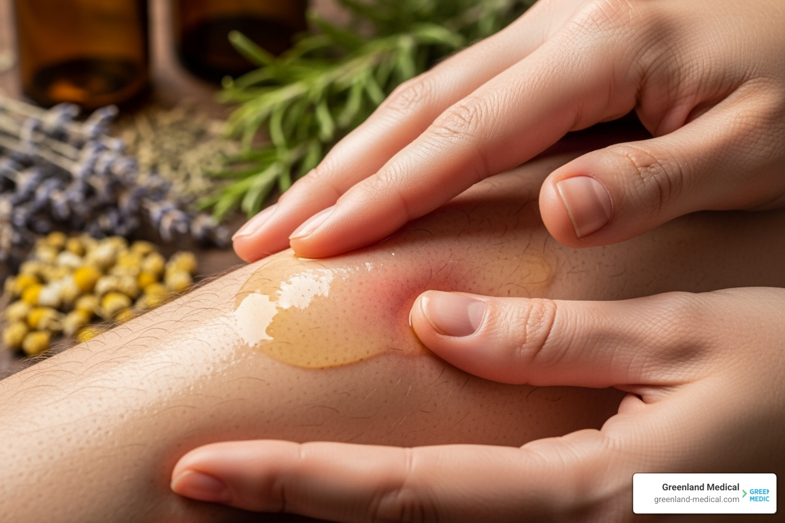 Hands gently massaging an herbal oil onto a sore area of skin, with dried herbs and bottles in the background - herbs for nerve pain