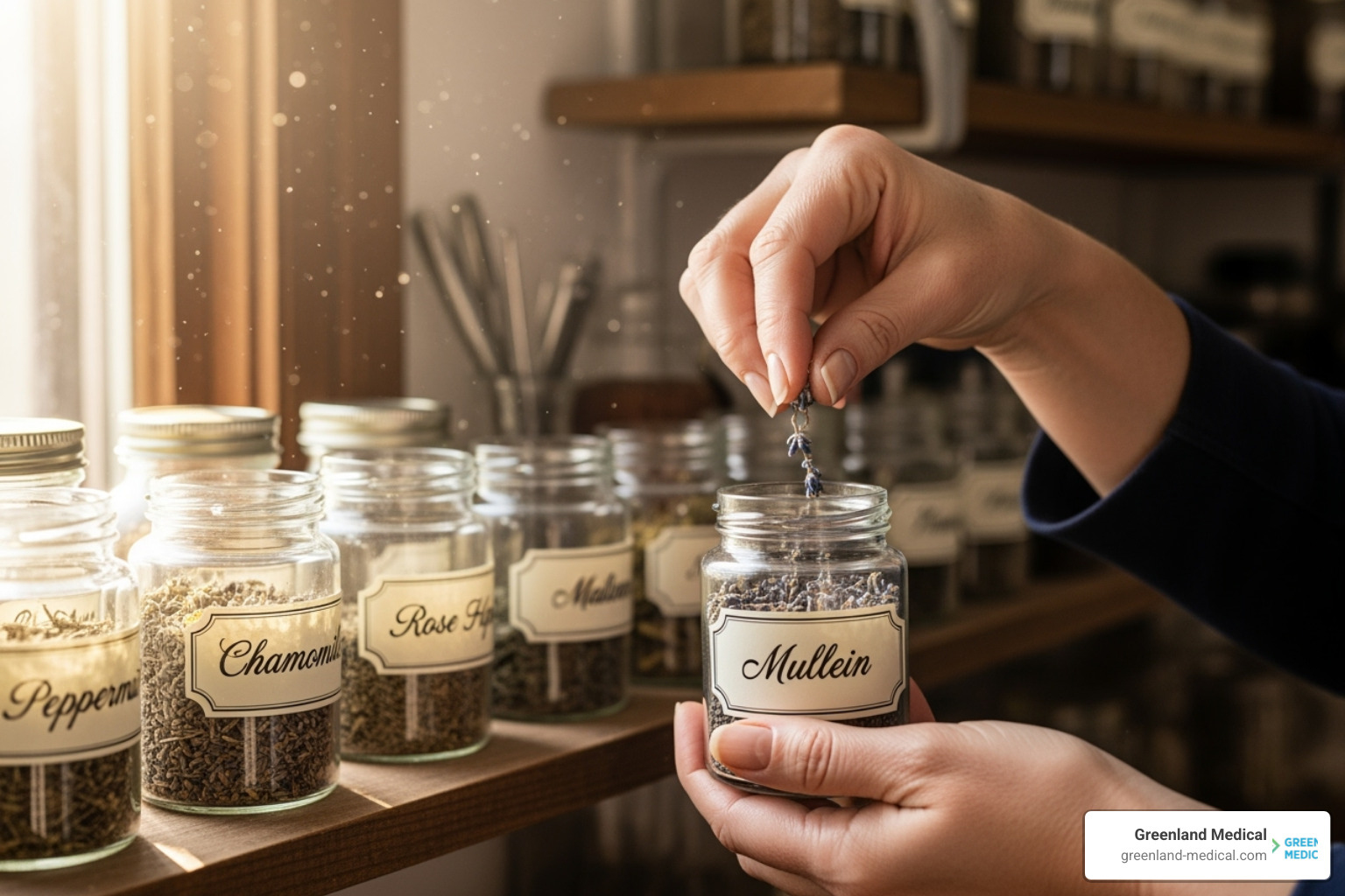An herbalist carefully selecting dried herbs from labeled jars, with sunlight streaming through a window - herbs for nerve pain