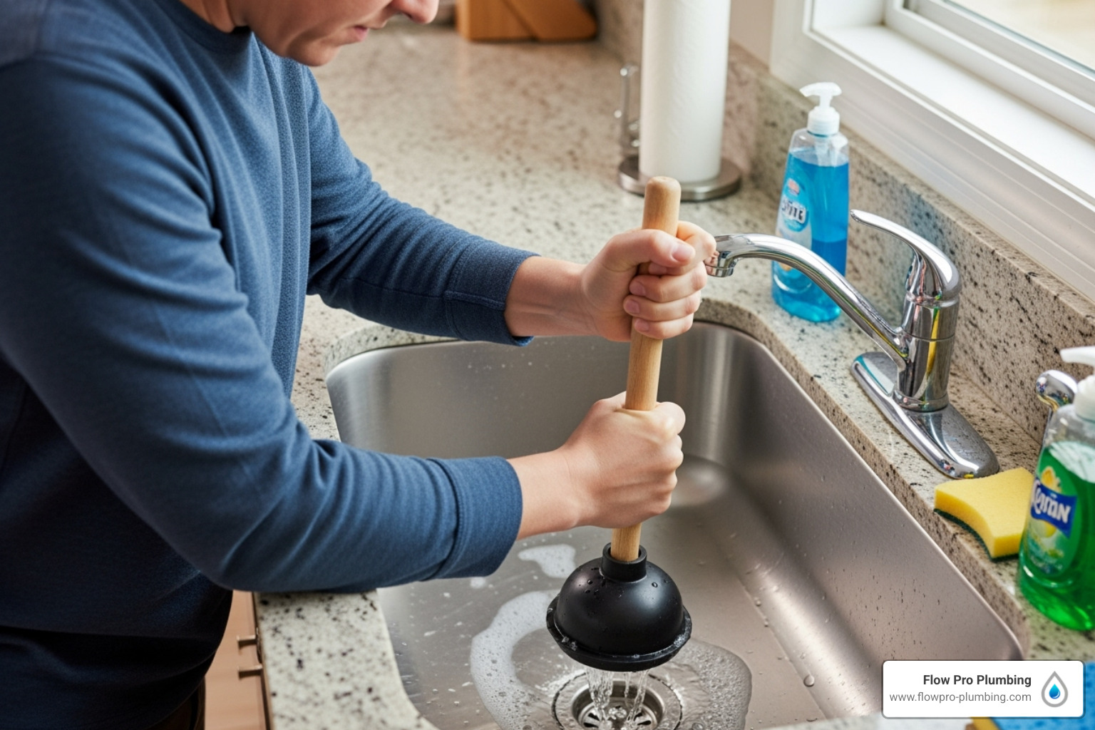 person correctly using a flat-rimmed sink plunger - kitchen sink clog removal person correctly using a flat-rimmed sink plunger - kitchen sink clog removal