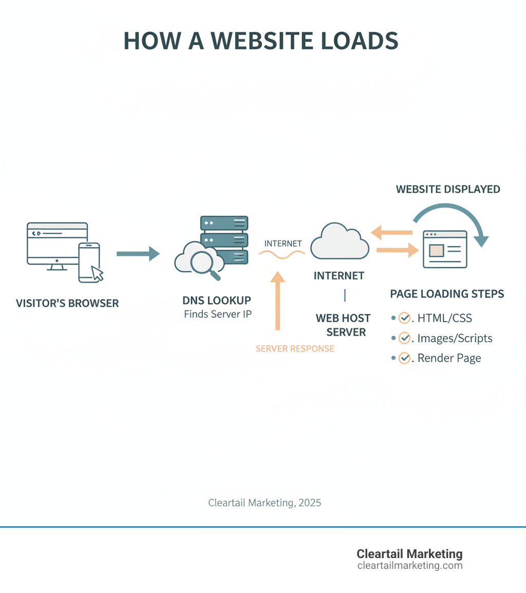 INFOGRAPHIC SHOWING HOW A WEBSITE IS SERVED FROM A WEB HOST SERVER THROUGH THE INTERNET TO A VISITOR'S BROWSER, INCLUDING DNS LOOKUP, SERVER RESPONSE, AND PAGE LOADING STEPS - WEBSITE HOSTING COMPARISON INFOGRAPHIC 