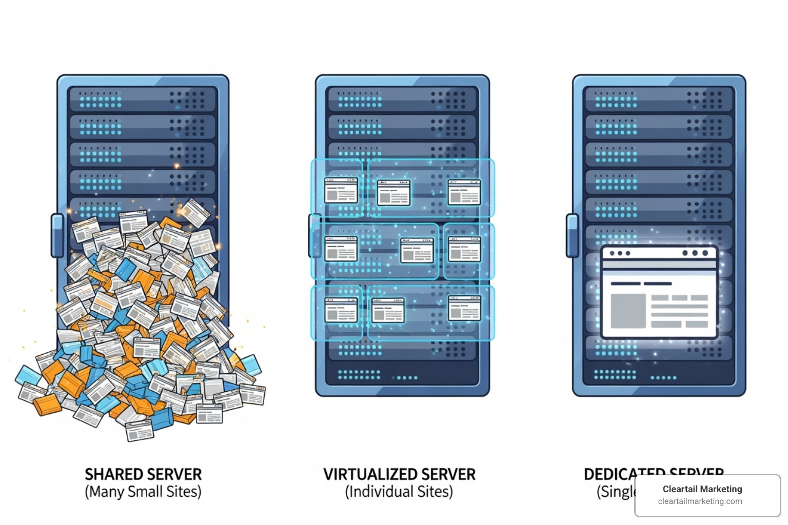 A DIAGRAM SHOWING THE DIFFERENCE BETWEEN SHARED, VPS, AND DEDICATED SERVERS - WEBSITE HOSTING COMPARISON