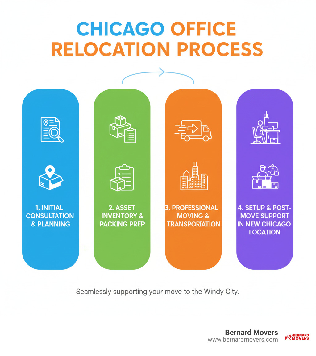Infographic showing office relocation process: 1. Initial consultation and planning phase, 2. Asset inventory and packing preparation, 3. Professional moving and transportation, 4. Setup and post-move support in new Chicago location - Office relocation Chicago infographic  Infographic showing office relocation process: 1. Initial consultation and planning phase, 2. Asset inventory and packing preparation, 3. Professional moving and transportation, 4. Setup and post-move support in new Chicago location - Office relocation Chicago infographic