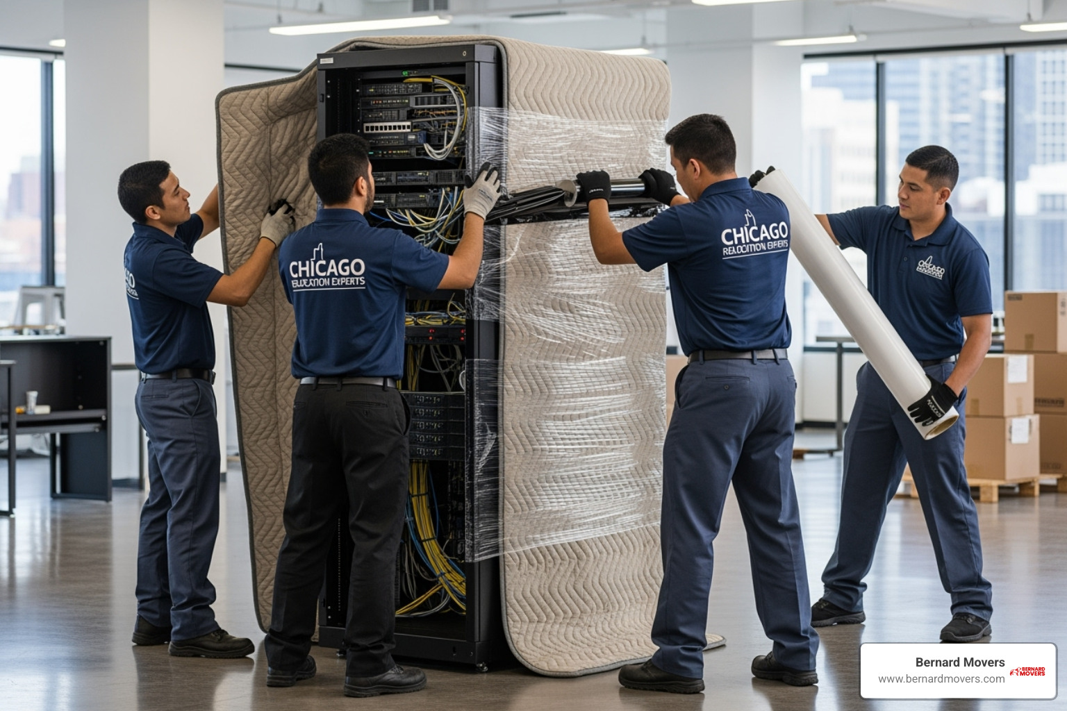professional movers carefully wrapping and moving a large server rack - Office relocation Chicago professional movers carefully wrapping and moving a large server rack - Office relocation Chicago