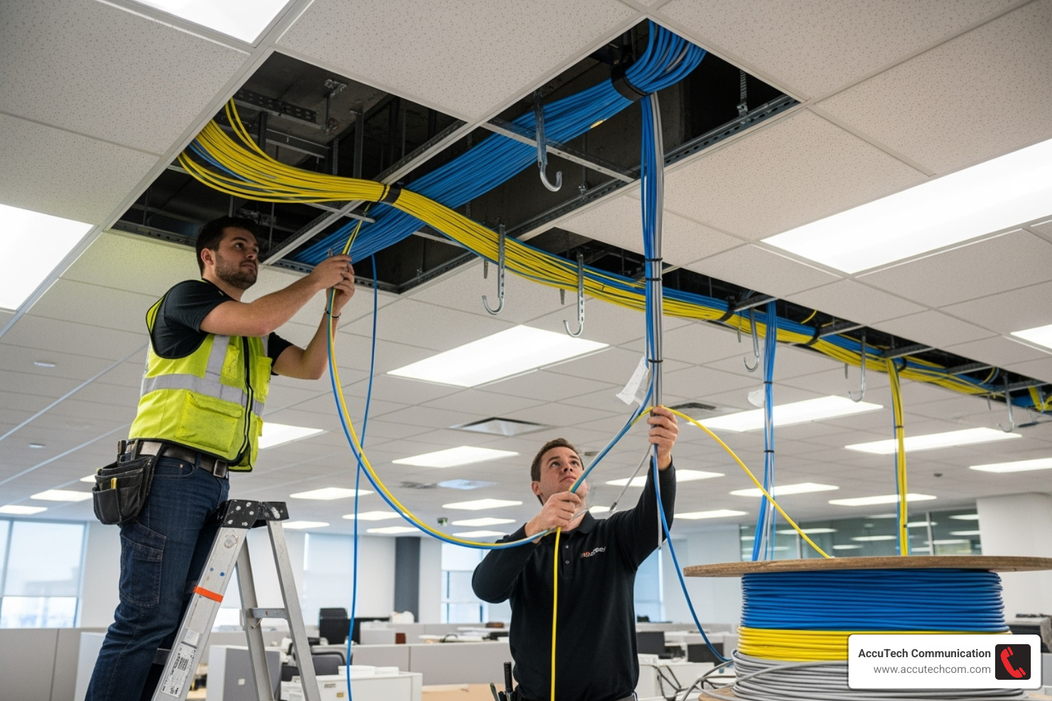 Technicians neatly pulling cables through a ceiling - Commercial Cabling Company