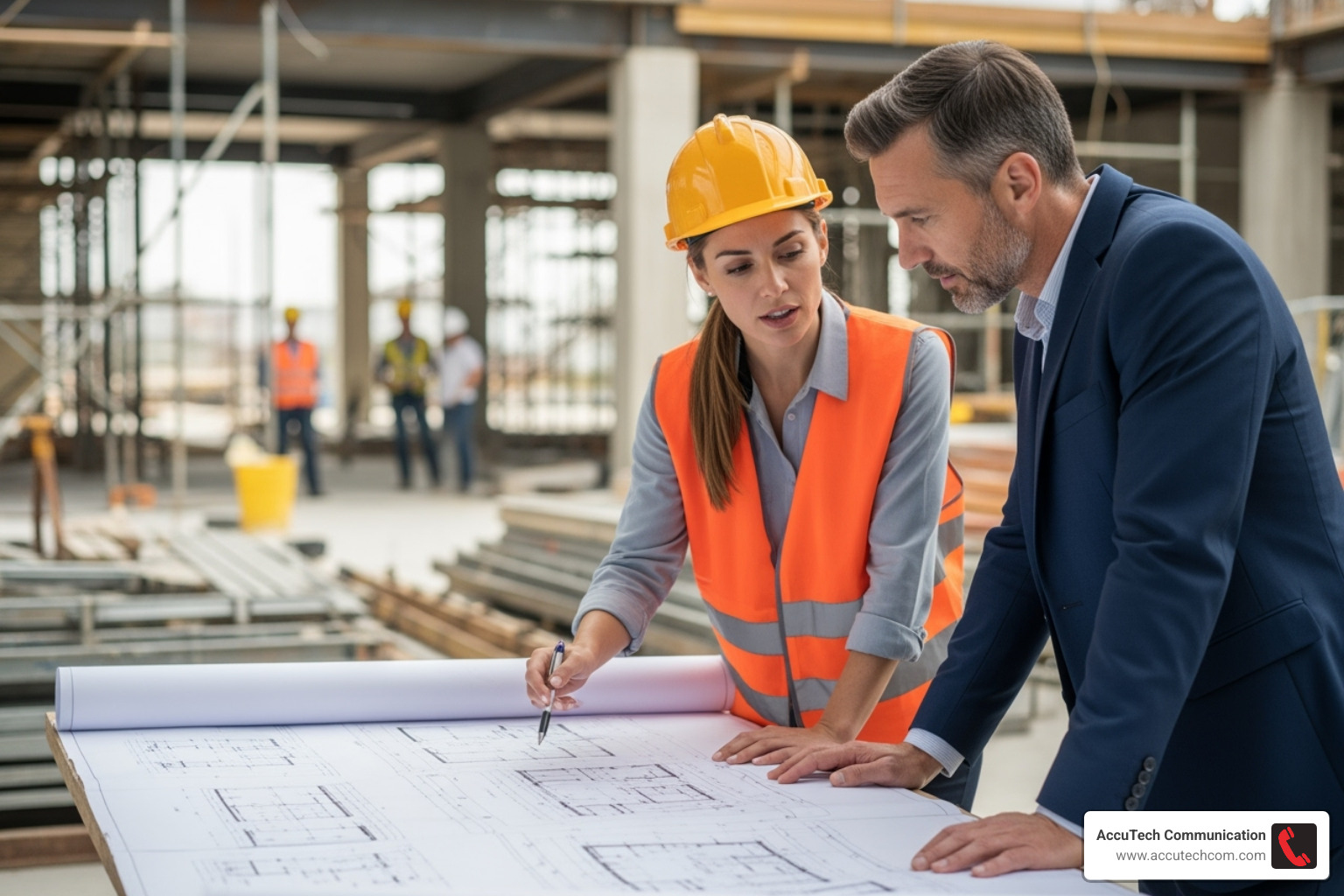 A project manager reviewing blueprints with a client on-site - Commercial Cabling Company