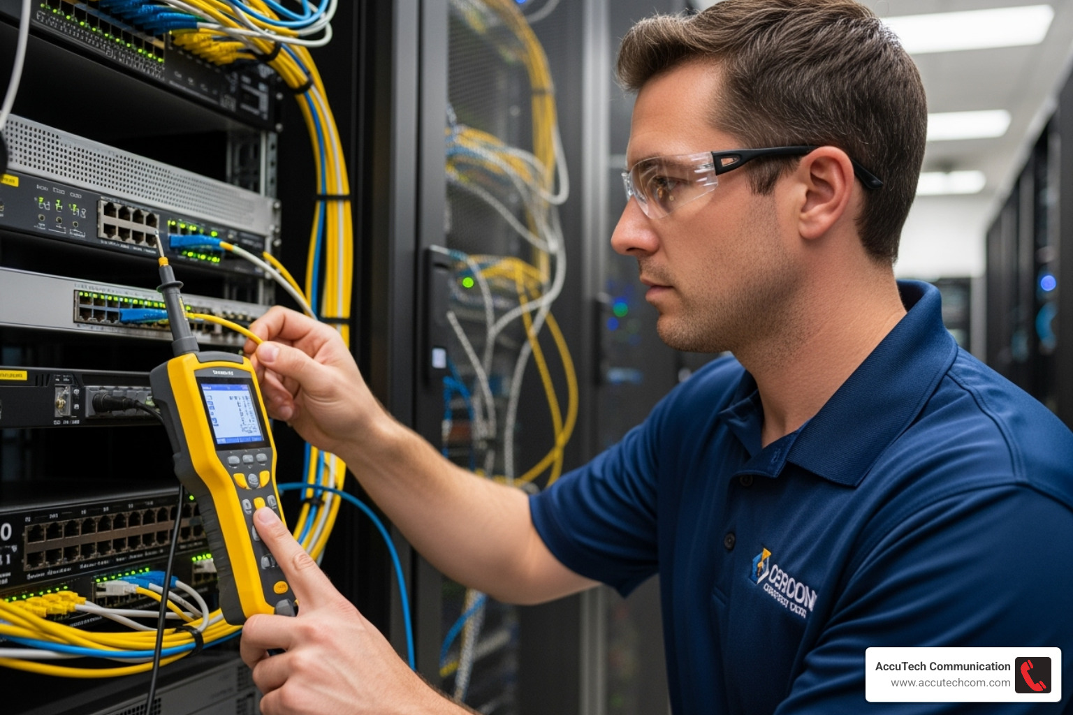 A certified technician testing network ports with a certification tool - Commercial Cabling Company