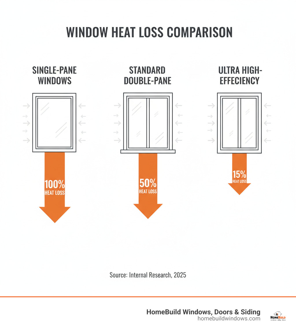 Infographic comparing heat loss through single-pane windows showing 100% heat loss, standard double-pane windows showing 50% heat loss, and ultra high-efficiency triple-pane windows showing only 15% heat loss, with visual arrows indicating energy transfer - ultra high efficiency windows infographic 