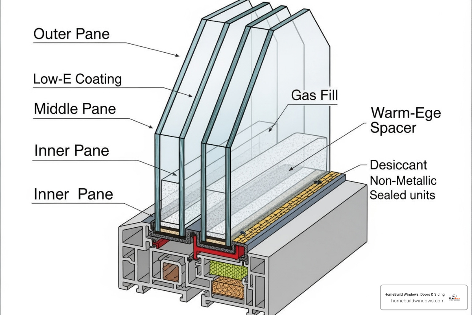 Cross-section of a triple-pane window showing glass layers, coatings, gas fill, and warm-edge spacer - ultra high efficiency windows