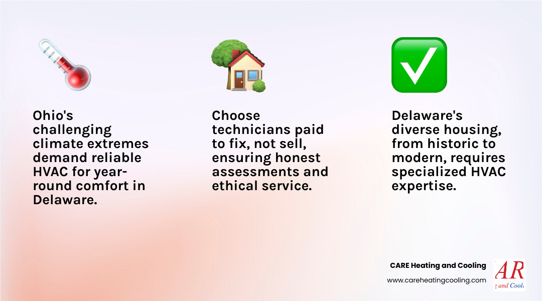 Comprehensive guide showing seasonal HVAC maintenance schedule for Delaware OH homes, including spring AC tune-ups, fall furnace inspections, filter replacement timing, and emergency service contact information for local companies - HVAC repair delaware oh infographic 3_facts_emoji_light-gradient