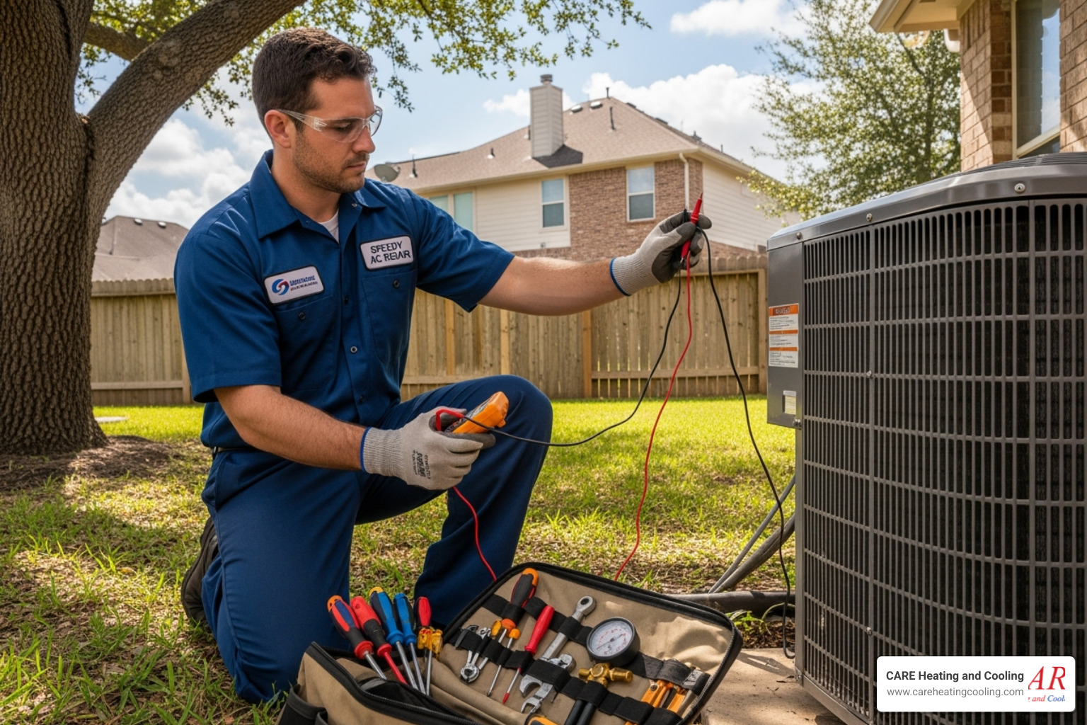 technician performing a maintenance check on an outdoor AC unit - HVAC repair delaware oh