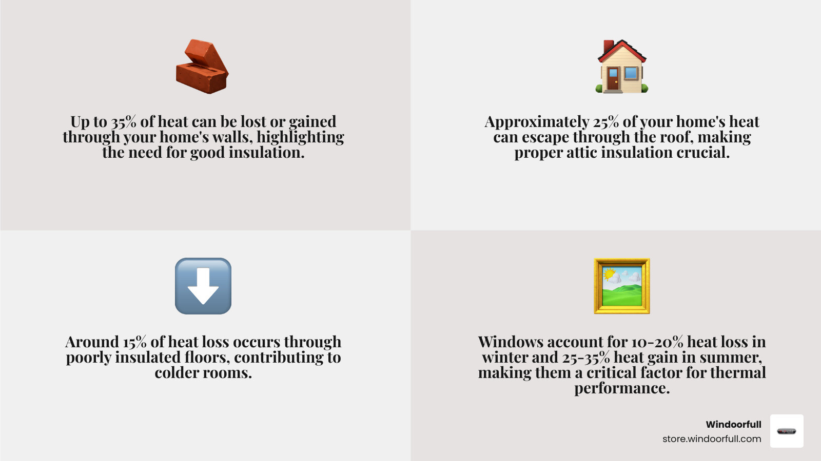 Infographic showing heat loss percentages through different parts of a house: roof 25%, walls 35%, windows 10-20% in winter and 25-35% heat gain in summer, floors 15%, with arrows indicating heat transfer directions - window thermal performance infographic 4_facts_emoji_grey