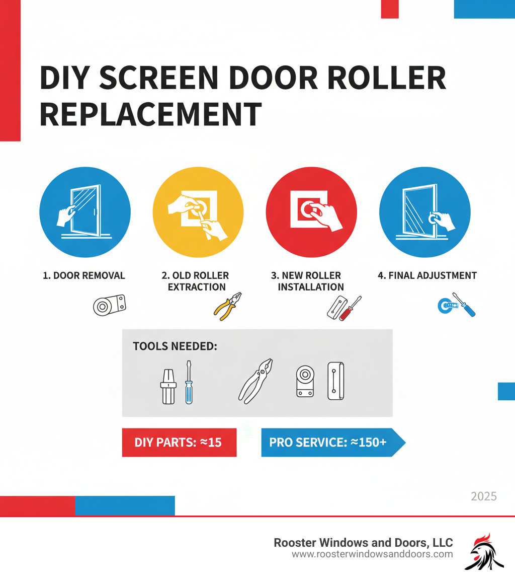 Step-by-step process for replacing patio screen door rollers showing door removal, old roller extraction, new roller installation, and final adjustment with tools needed including screwdrivers, pliers, and replacement roller assemblies - replacing patio screen door rollers infographic 
