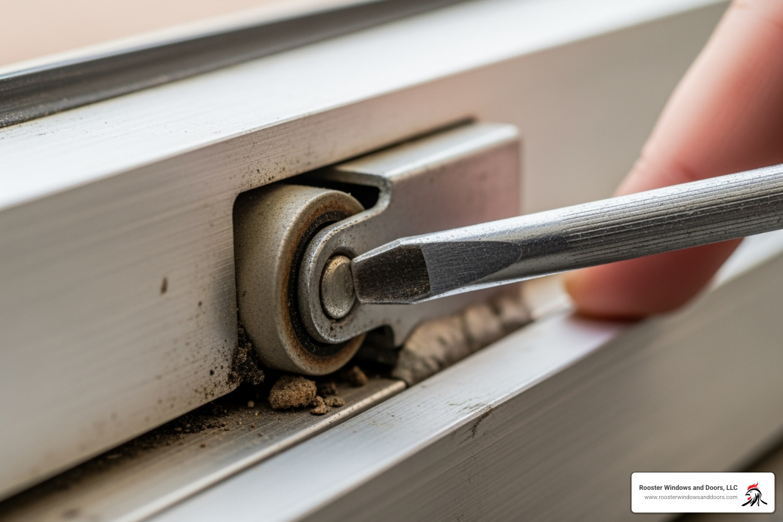 A close-up image showing a screwdriver being used to pry an old, worn roller assembly out of the bottom frame of a patio screen door - replacing patio screen door rollers