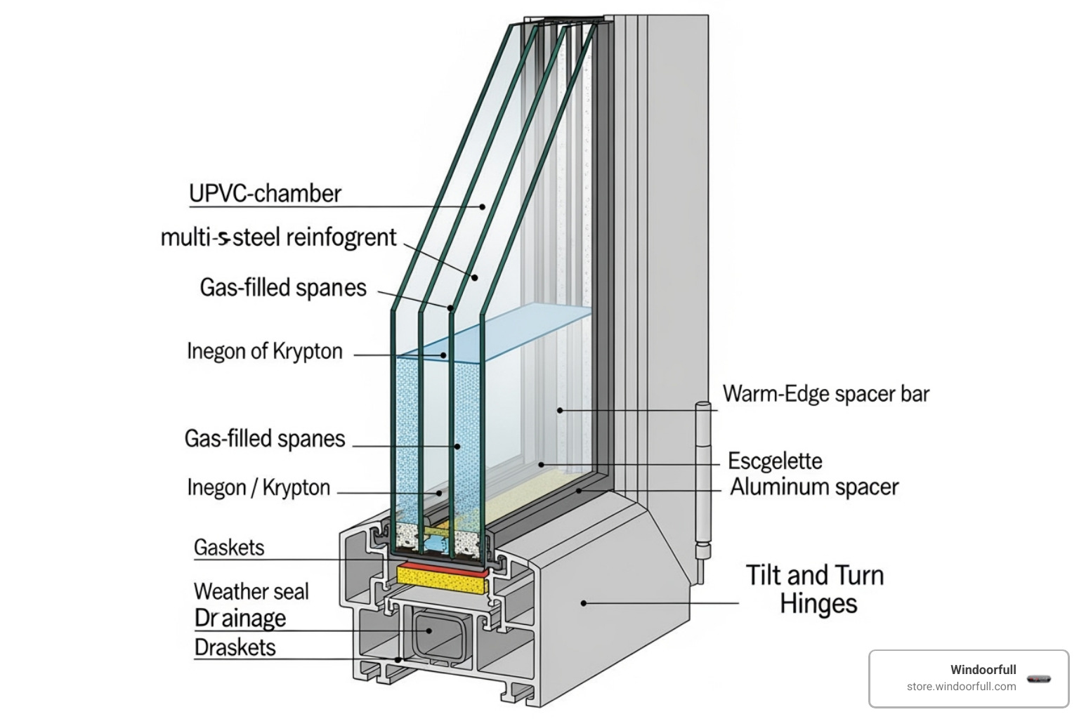 Cross-section of a modern triple-pane uPVC tilt and turn window, labeling the frame, glazing layers, gas fill, and warm-edge spacer - window thermal performance