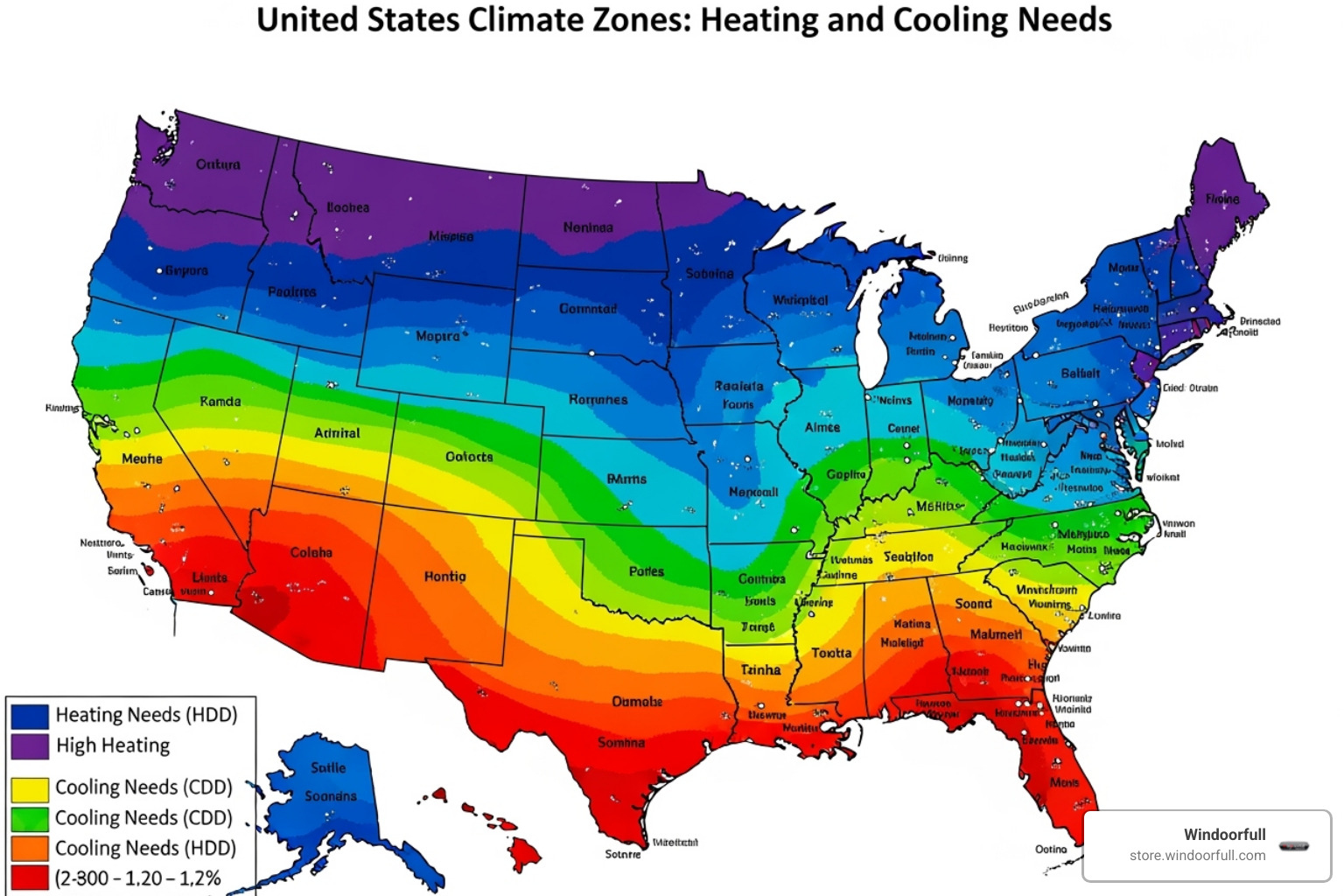 Map of U.S. climate zones, showing different regions with varying heating and cooling needs - window thermal performance