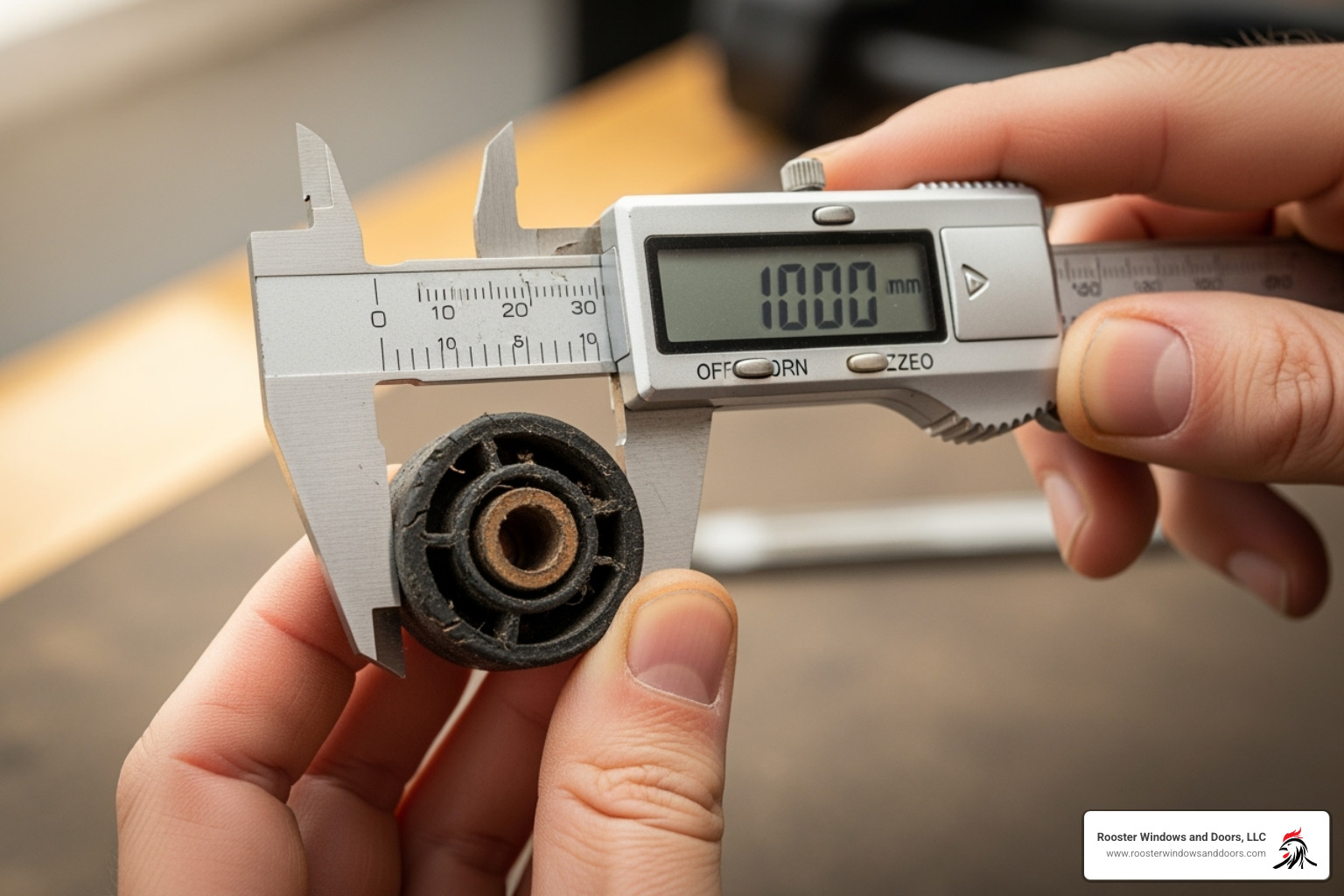 A person using a caliper to measure the diameter of an old patio screen door roller for replacement - replacing patio screen door rollers