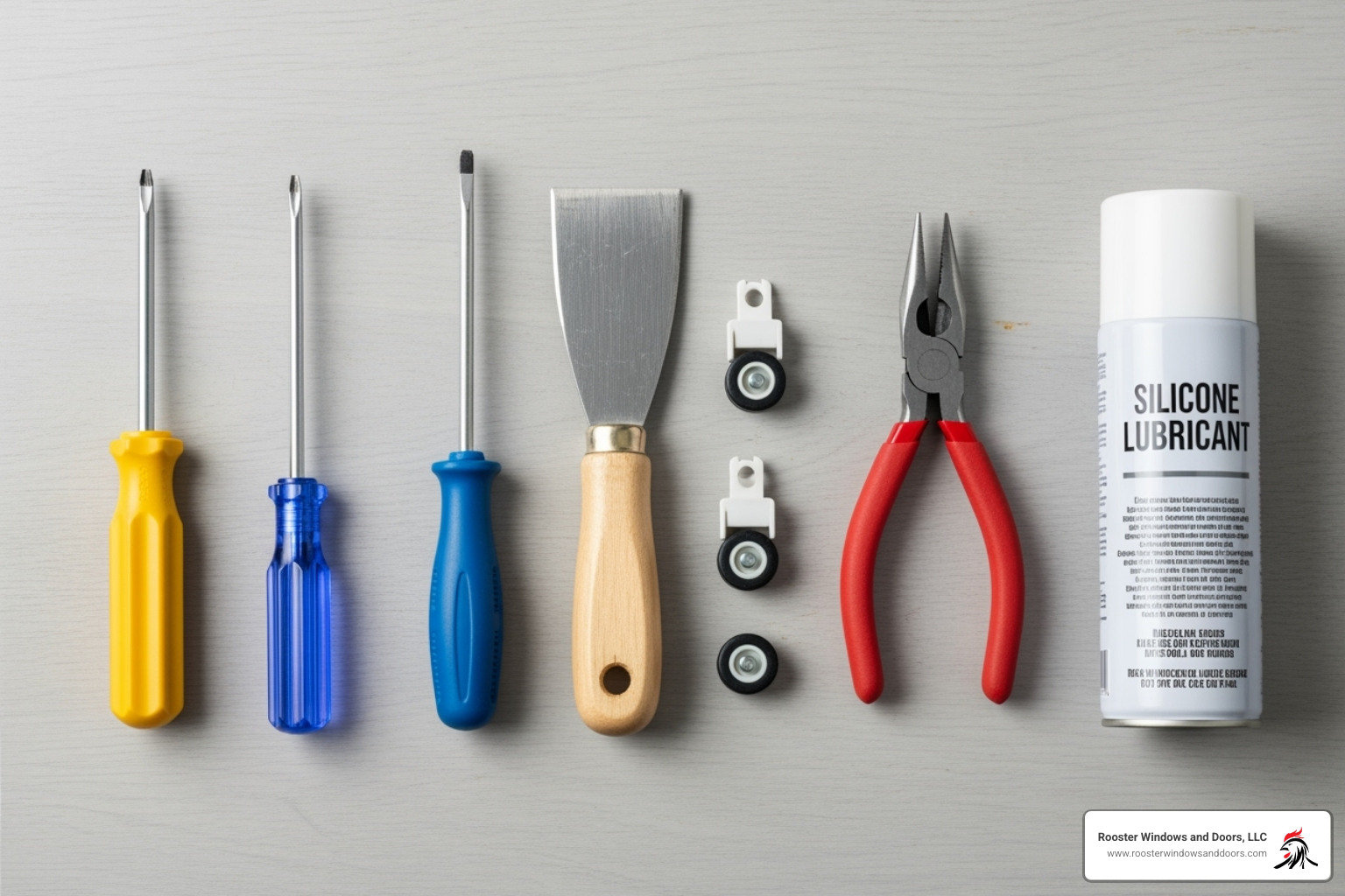 A collection of tools for screen door roller replacement, including screwdrivers, pliers, a putty knife, replacement rollers, and lubricant - replacing patio screen door rollers