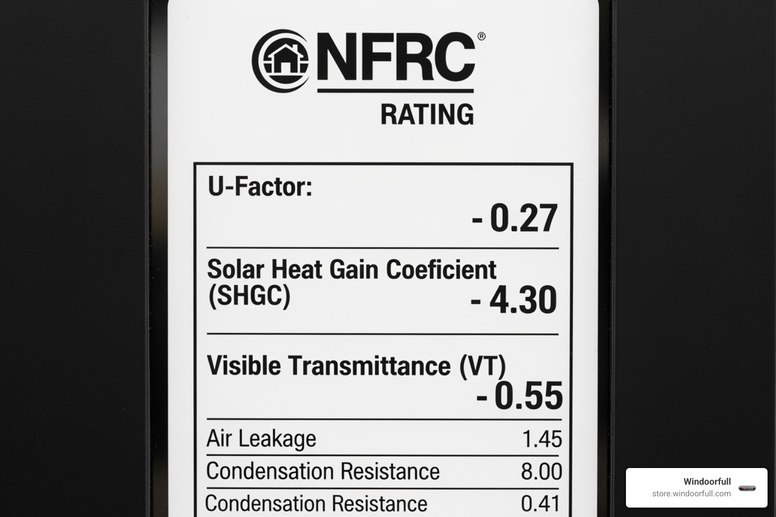 Sample NFRC window label with U-Factor, SHGC, and Visible Transmittance highlighted and explained - window thermal performance
