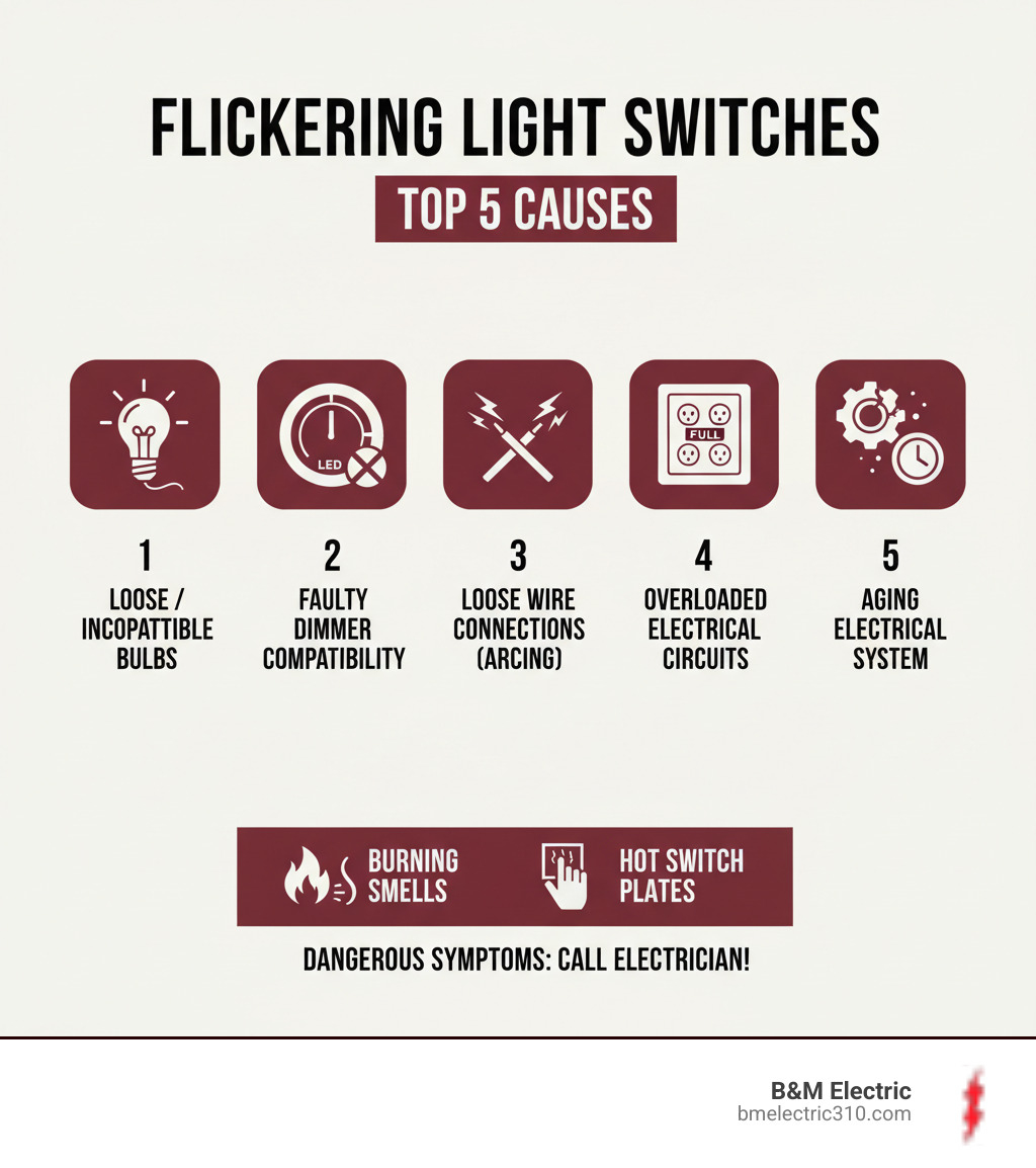 Infographic showing the top 5 causes of flickering light switches: 1) Loose or incompatible bulbs, 2) Faulty dimmer switch compatibility, 3) Loose wire connections creating arcing, 4) Overloaded electrical circuits, 5) Aging electrical system components, with safety warning icons for dangerous symptoms like burning smells and hot switch plates - flickering light switch infographic 