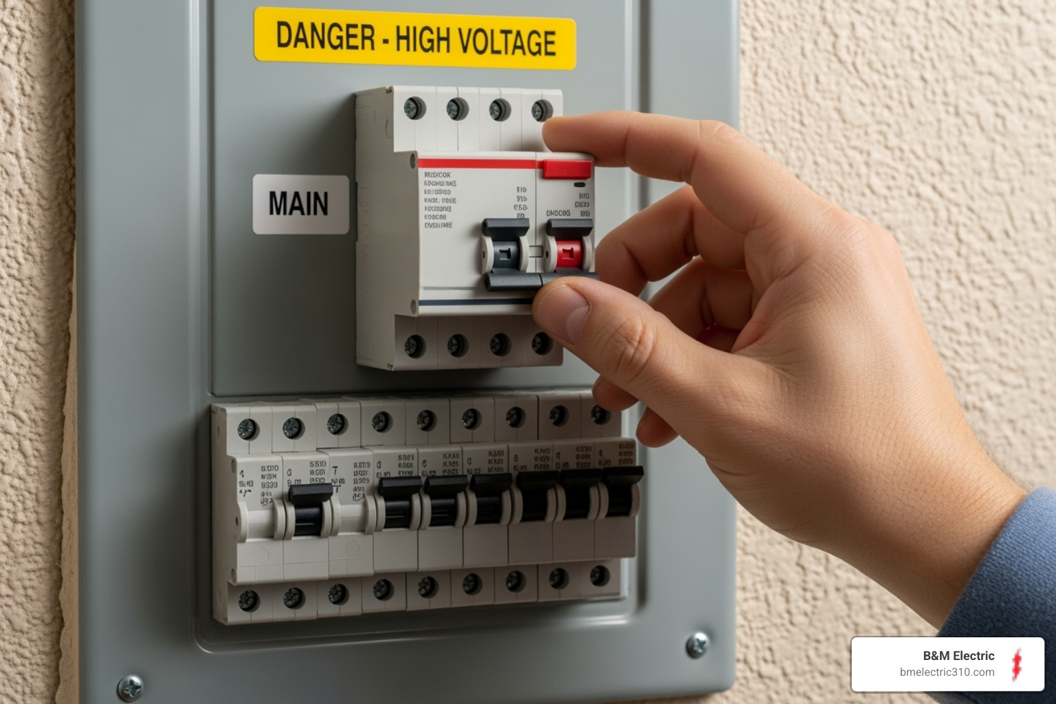 person safely turning off a circuit breaker before working on a light switch - flickering light switch