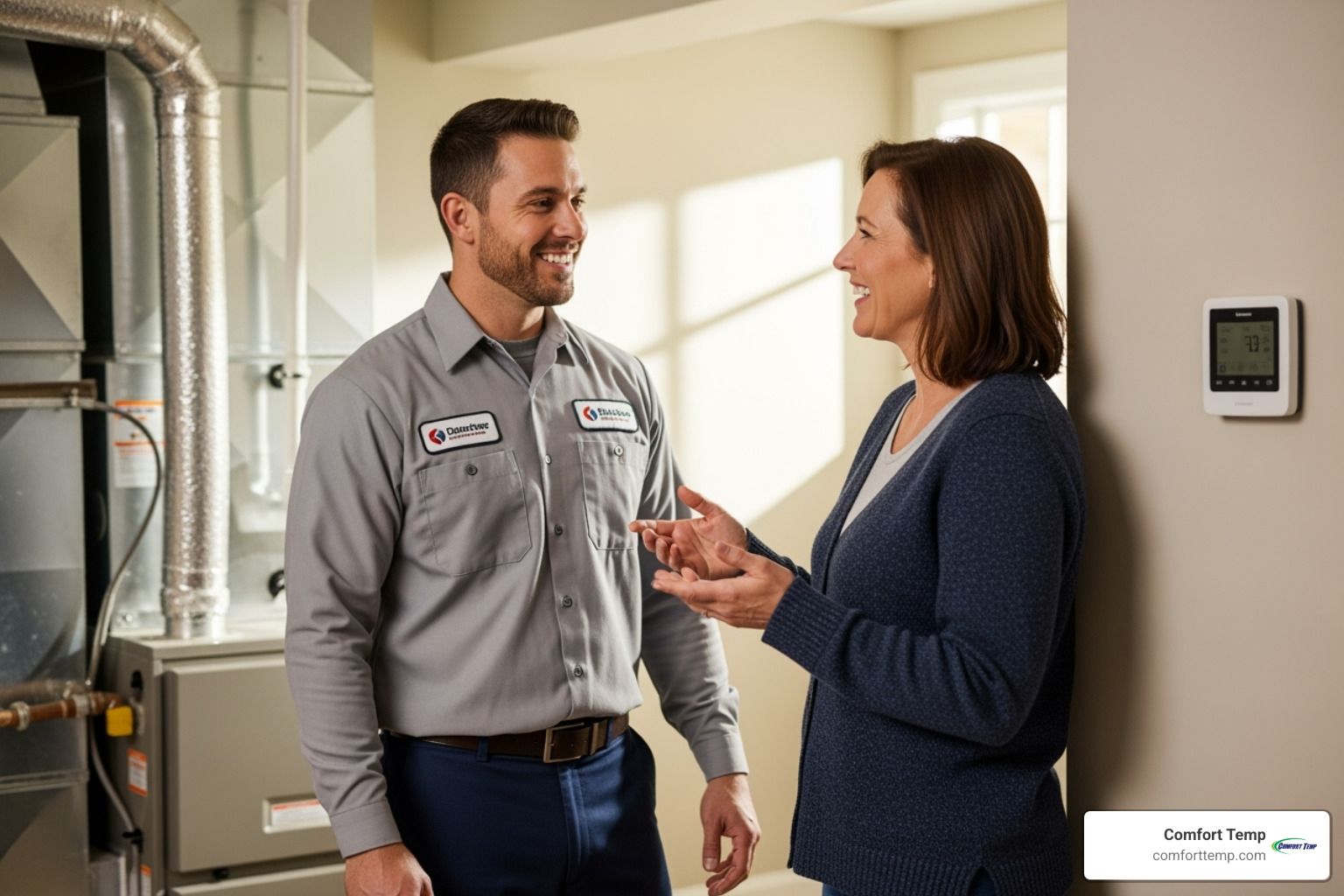 friendly technician talking with a homeowner - heater contractors near me friendly technician talking with a homeowner - heater contractors near me