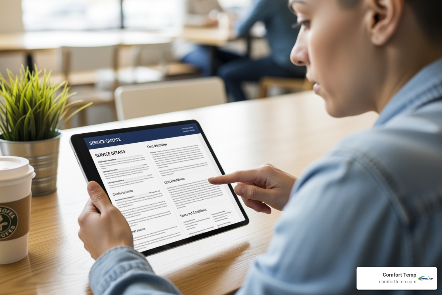 person reviewing a service quote on a tablet - heater contractors near me person reviewing a service quote on a tablet - heater contractors near me