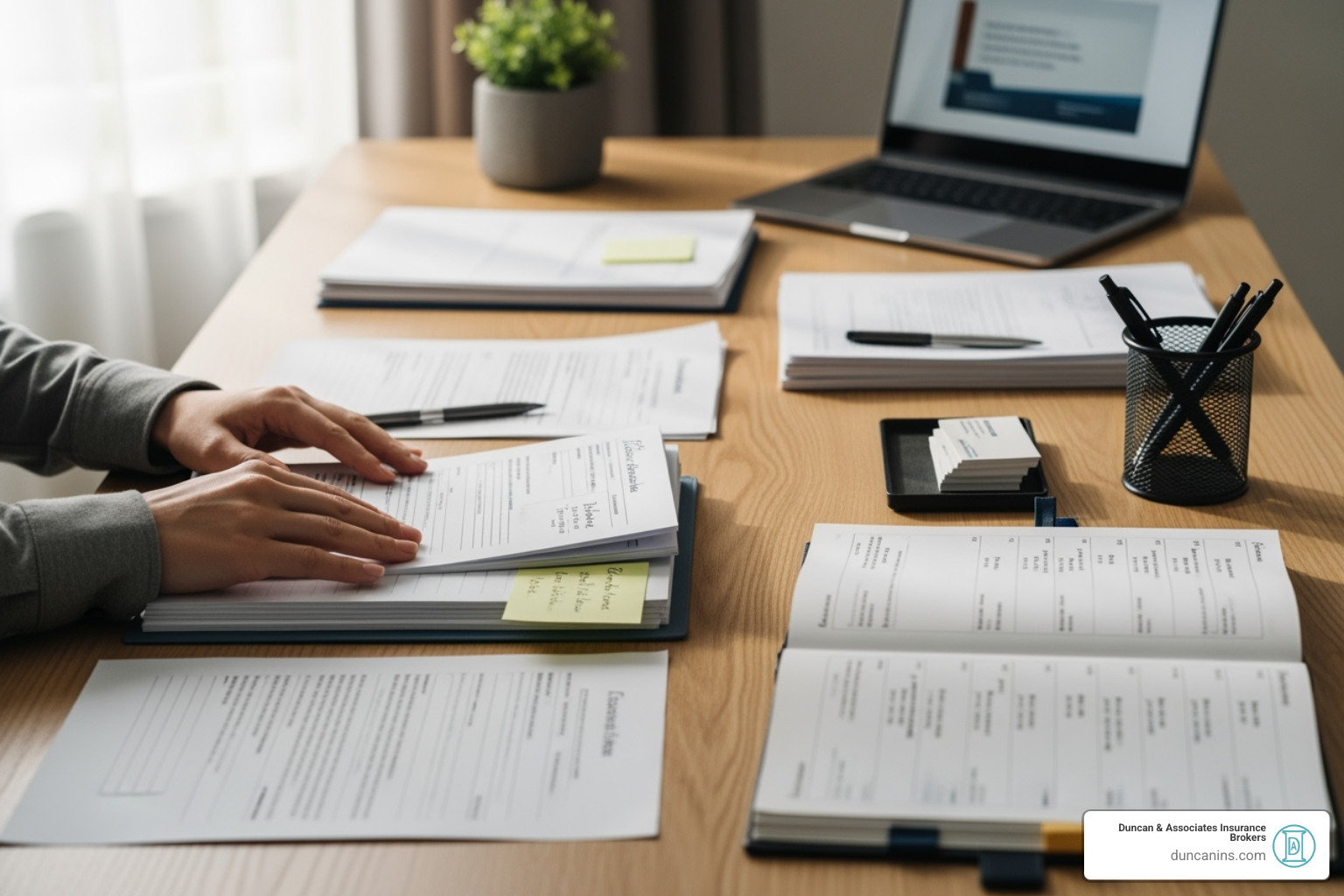 A person organizing various documents, including forms, notes, and a calendar, at a clean desk, symbolizing preparation for an important meeting or task. - health ins brokers near me