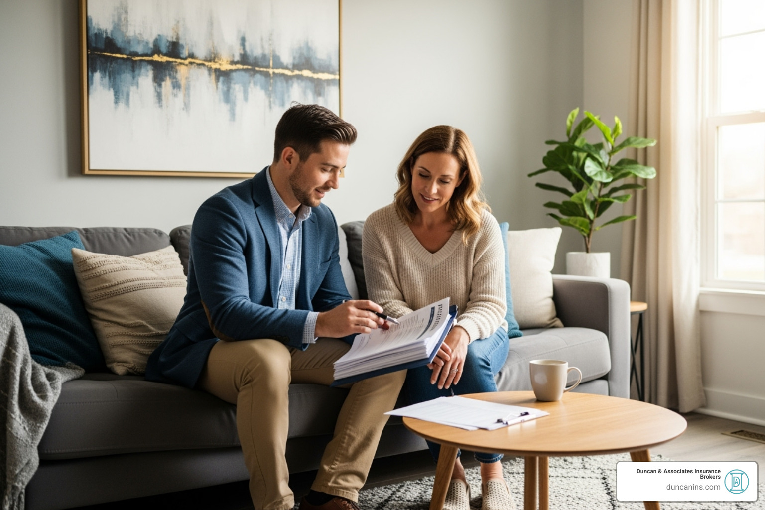 Insurance agent reviewing a policy with a homeowner in a comfortable setting - high value house insurance Insurance agent reviewing a policy with a homeowner in a comfortable setting - high value house insurance