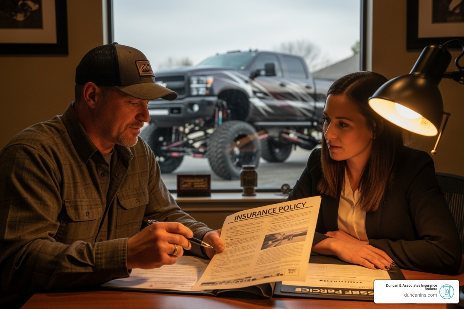 custom truck owner reviewing their insurance policy with an agent - custom truck appraised value insurance