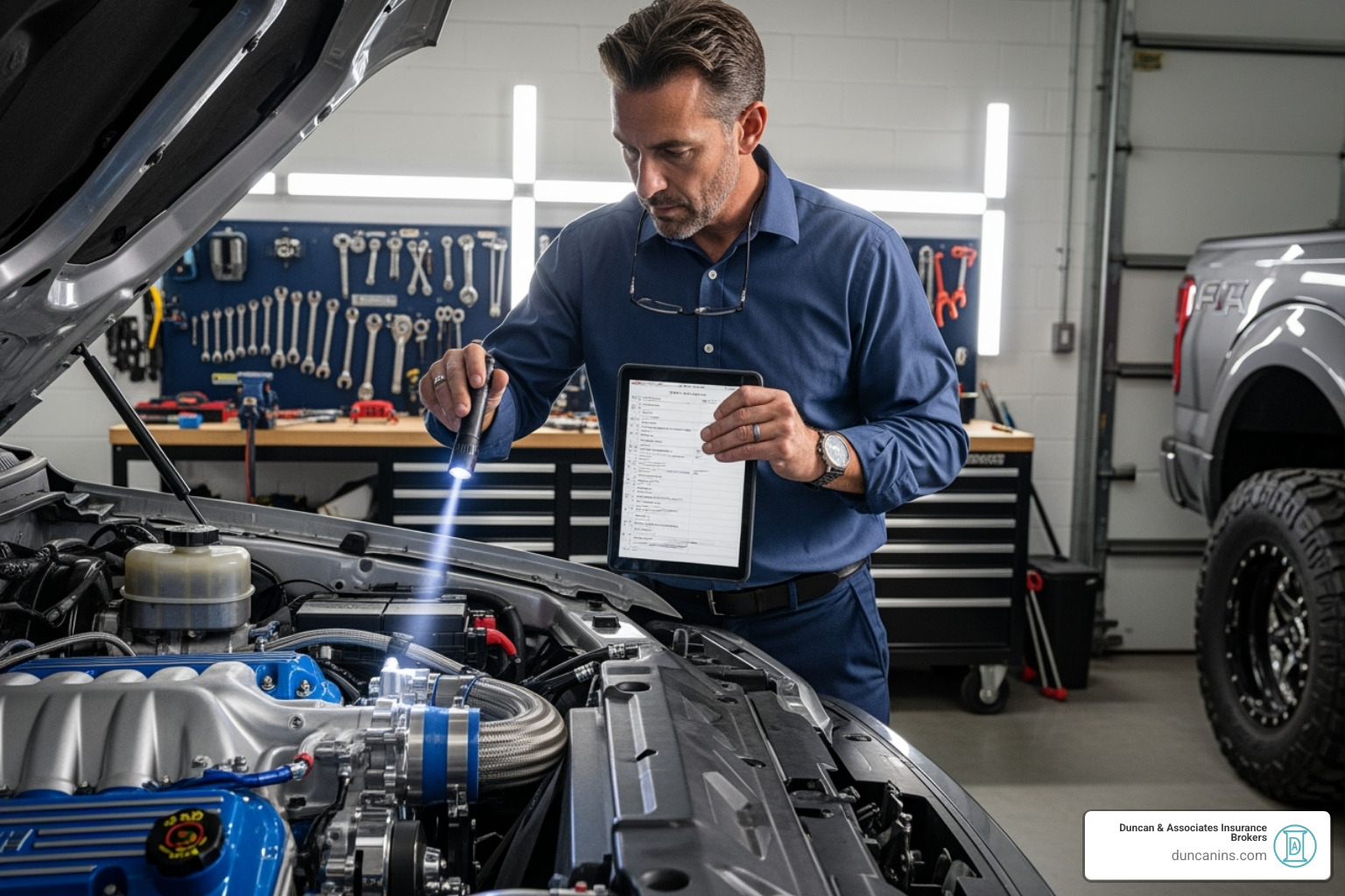 professional appraiser inspecting a custom truck's engine bay - custom truck appraised value insurance